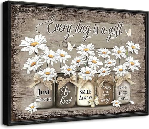 Framed Vintage Rustic Wall Art Farmhouse Daisy Wall Decor Country Flower Inspirational Print Picture Floral Still Life Canvas Painting for Bedroom Bathroom 12x16 Inch - color: Daisy, size: 12"L x 16"W