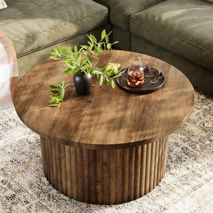 Tribesigns Round Coffee Table, 31.5" Farmhouse Circle Center Table with Fluted Drum Base & Wooden Grain Veneer Top, Modern Wooden Accent Cocktail Table for Small Space, Living Room, Apartment