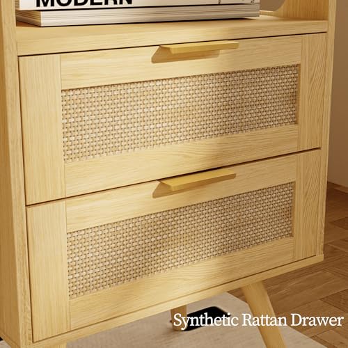 Rattan Nightstand,Farmhouse Bedside Table with 2 Storage Drawer and Open Wood Shelf, for Bedroom and Small Spaces,Night Stand with Solid Wood Legs (Yellow Oak) - color: Yellow Oak
