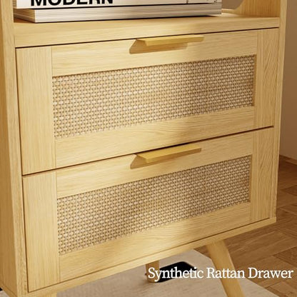 Rattan Nightstand,Farmhouse Bedside Table with 2 Storage Drawer and Open Wood Shelf, for Bedroom and Small Spaces,Night Stand with Solid Wood Legs (Yellow Oak) - color: Yellow Oak