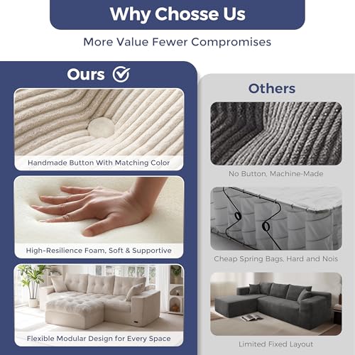 MAXYOYO Boneless Couch, 104-Inch L-Shaped Cloud Couch with Ottoman | Beige Upholstered Sofa Features Layered Cushions and Flexible Modules with No Assembly, Ideal for Modern Living Rooms. - color: Beige, size: 104" L Shape