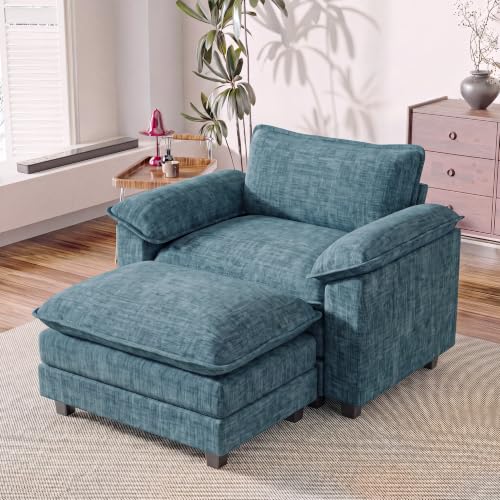 Homall Sofa Accent Chair with Ottoman, 35" Reading Chair, Dark Blue | Comfy Chenille, Double Layer Cushion, Wide Armrest, Deep Seat, Sturdy Frame, High-Density Foam, Single Sofa for Living Room - color: Dark Blue, size: Single Sofa Chair