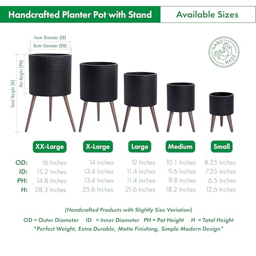D'vine Dev Planter Pot with Wood Stand, 8 in, Matte Black, 88-Z-A-2 | Mid-Century Modern Style, Elevated Plant Display, Drainage Hole and Plug, Functional & Stylish, Modern Indoor Planter - color: Matte Black, size: Small