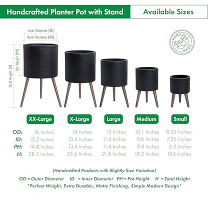 D'vine Dev Planter Pot with Wood Stand, 10 in, Matte Black, 88-Z-B-2 | Mid-Century Modern Style, Elevated Plant Display, Drainage Hole and Plug, Functional & Stylish, Modern Indoor Planter - color: Matte Black, size: Medium