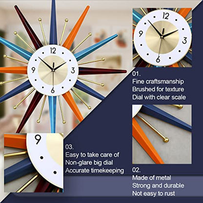 FIELDY Large Wall Clock 22 Inch Mid Century Wall Clocks Starburst Clock Non Ticking Battery Operated 3D Wall Clocks Home Décor for Living Room, Kitchen, Dining Room, Bedroom - size: Normal