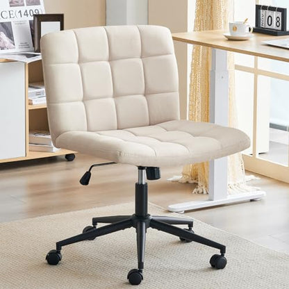 Furnimart Swivel Criss Cross Legged Chair with Wheels for Home Office, Wide Armless Desk Chair Height Adjustable Comfy Seat for Desk,Vanity, Bedroom, Beige - color: Linen-beige