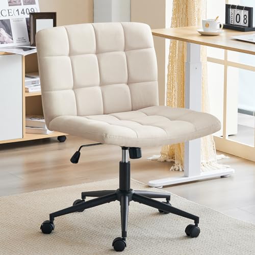 Furnimart Swivel Criss Cross Legged Chair with Wheels for Home Office, Wide Armless Desk Chair Height Adjustable Comfy Seat for Desk,Vanity, Bedroom, Beige - color: Linen-beige