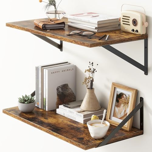 Deep Floating Shelves, 12 Inch Deep Floating Shelves for Wall, 24"W x 12"D Wall Shelves for Books, Large Rustic Wooden Shelf, Wide Display Shelf for Bathroom, Living Room, Rustic Brown, Set of 2 - color: Rustic Brown, size: 24"W x12"D