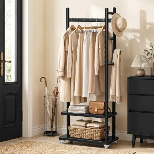 Coat Rack Solid Wood Stand Storage 2 Shelves 4 Hooks Black | Entryway hallway bedroom office, durable wood construction, freestanding design, coats hats bags storage - size: Black -S:18.9''D x 13''W x 71''H (With Wheels）