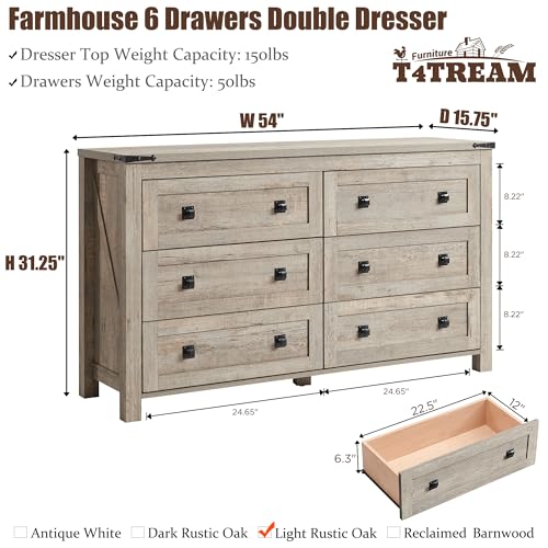 T4TREAM 54" Wide Farmhouse 6-Drawer Dresser for Bedroom, Light Rustic Oak | Rustic, Wood Storage Cabinet, Metal Handle, Unique Corner Accent, Bedroom, Living Room, Hallway - color: Light Rustic Oak, size: 15.8"D x 54"W x 31.3"H (6 Drawers)