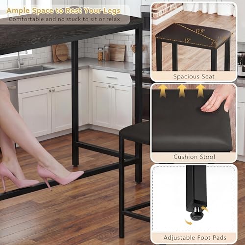 Bar Table and Chairs Set, 63'' L-Shaped Bar Table with 2 Stools, Counter Height Kitchen Table with Built-in Power Outlets, Left/Right/Straight Convertible Design, Faux Leather Upholstered Seating - color: Black