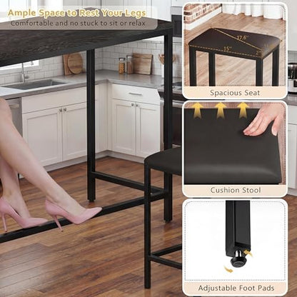 Bar Table and Chairs Set, 63'' L-Shaped Bar Table with 2 Stools, Counter Height Kitchen Table with Built-in Power Outlets, Left/Right/Straight Convertible Design, Faux Leather Upholstered Seating - color: Black