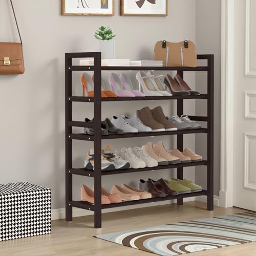 Bamboo Shoe Rack for Closet, Free Standing Shoe Organizer, Brown, 5-Tier | with Smooth Round Rods & Convenient Handles, Stackable Shoe Storage Shelf for Entryway, Hallway - color: Brown, size: 5-Tier_Standard