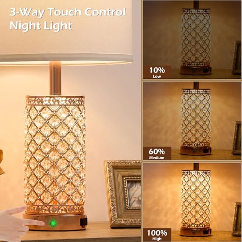 SAIWEYA 24in Crystal Table Lamp Set of 2 Bedroom Lamps for Night Stand | 3-Way Dimmable Touch with Night Ligh, 2 USB Ports + AC Outlet, White Fabric Shade, LED Bulb Included - color: Rose Gold-2 Pack 24In