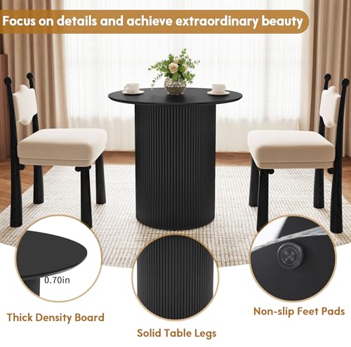 31.5" Round Dining Table for 2 People, Small Kitchen Dinner Table with Fluted Wood Base, Farmhouse Circle Dining Tables for Home, Kitchen, Dining Room, Living Room (Black) - color: Black