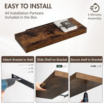 Acovy 30 Inch Floating Shelves, 12" Deep Floating Shelf Wall Mounted, 30" Wall Shelves, Rustic Deep Bookshelf, Extra Deeper & Thicker Display Shelves for Bedroom, Living Room, Brown, Set of 2 - color: Brown, size: 12"Wx30"L-2pcs