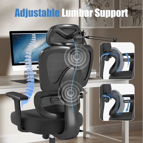 Ergonomic Office Chair with Adjustable Lumbar Support, 3D Arms and Headrest, High Back Wide Desk Computer Chair with Wheels, for Home & Office, Black - style: without Footrest