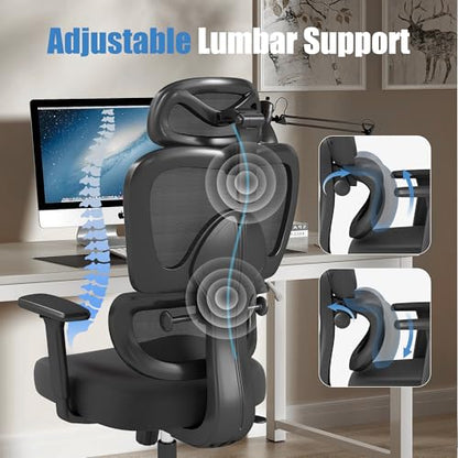Ergonomic Office Chair with Adjustable Lumbar Support, 3D Arms and Headrest, High Back Wide Desk Computer Chair with Wheels, for Home & Office, Black - style: without Footrest