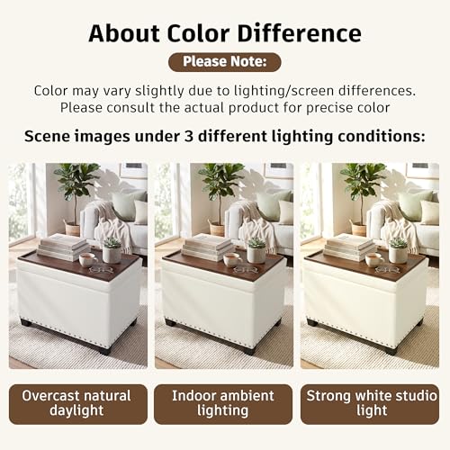 Homebeez Storage Ottoman with Tray Top, 22" Tufted Fabric Coffee Table with Storage, Foot Rest Ottoman with Nailhead Trim, for Living Room Bedroom, White - color: White Linen