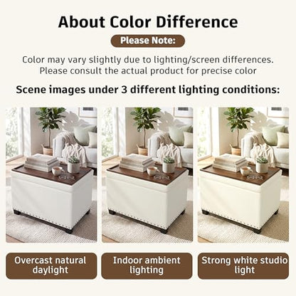 Homebeez Storage Ottoman with Tray Top, 22" Tufted Fabric Coffee Table with Storage, Foot Rest Ottoman with Nailhead Trim, for Living Room Bedroom, White - color: White Linen
