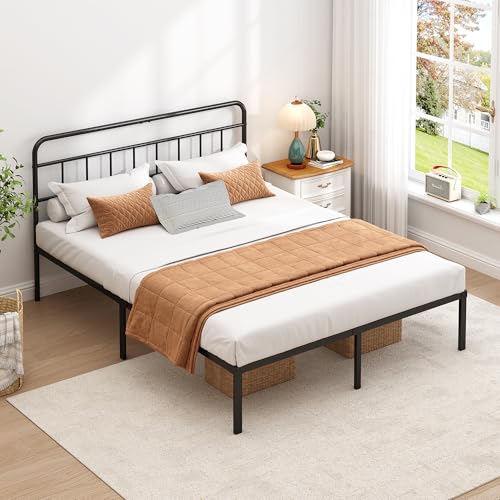 Queen Bed Frame with Classic Headboard, Black | Strong Metal Slats Support, Under Bed Storage Space, No Box Spring Needed, Easy to Assemble - size: Queen