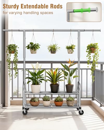 Heavy Duty Clothes Rack for Hanging Clothes Load 556 LBS, Height Adjustable Rolling Clothing Racks, Portable Metal Coat Rack Garment Wardrobe with Wheels and Shelves for Bedroom Laundry, Silver - color: Silver, style: 2 Shelves