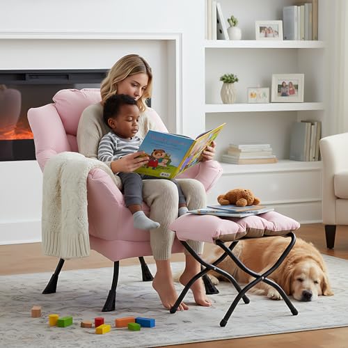 Welnow Lazy Chair with Ottoman, Reading Chair with Footrest，Pink | A Side Pocket,Armrests,Foldable Footrest,Thick Cushioned Seat & Backrest, Lounge Chair for Bedroom,Living Room & Small Space - color: Pink
