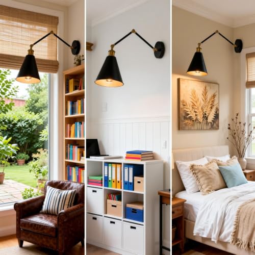 Swing Arm Wall Sconce Black Gold, 7" Metal Cone Shade | Farmhouse Wall Light, Adjustable Dual-Joint Arm, Industrial Wall Lamp, Antique Brass Accents for Bedroom Reading Living Room