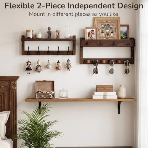 Wooden Key Holder Wall Mount with Shelf, Wall Key Rack and Mail Holder with 9 Key Hooks and 6 Sunglasses Holders, Farmhouse Key Hanger for Entryway Living Room Bedroom, Rustic Brown - color: Rustic Brown