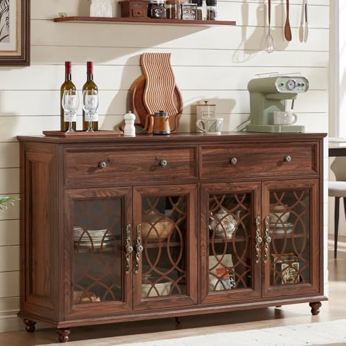 Joaxswe Farmhouse Sideboard Buffet Cabinet with Storage,59" Large Credenza with 4 Glass Doors & 2 Drawers,Adjustable Shelves Console Table,Wood Kitchen Coffee Bar for Dining Room,Living Room,Brown