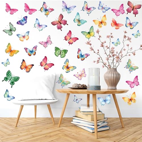 Butterfly Wall Stickers - 8 Sheets 62 Pcs Butterfly Watercolor Wall Decals Peel and Stick Wall Decals for Girls Kids Bedroom Room Nursery Room Décor - color: Butterfly