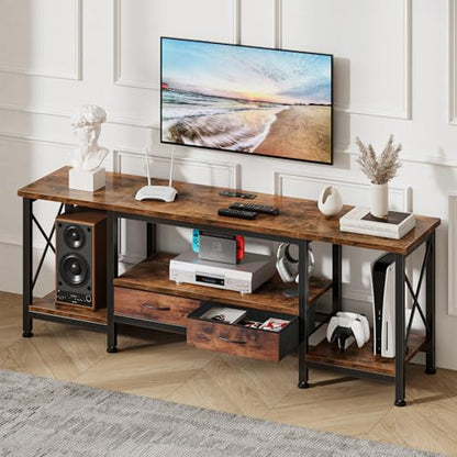 DUMOS TV Stand with Fabric Drawers for 65 70 75 Inches TV | Entertainment Center and Industrial TV Console Table with Open Storage Shelves for Living Room, Bedroom, 63" Rustic Brown - size: 63 Inch