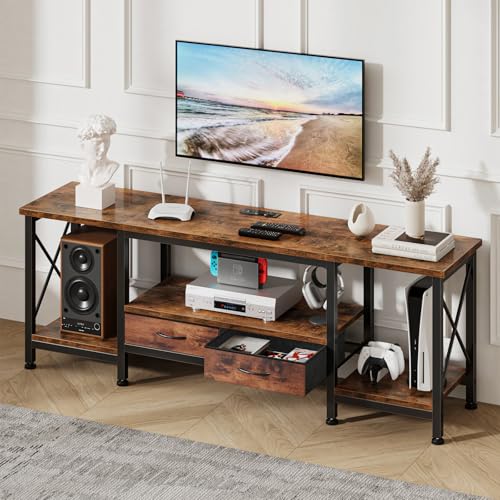 DUMOS TV Stand with Fabric Drawers for 65 70 75 Inches TV | Entertainment Center and Industrial TV Console Table with Open Storage Shelves for Living Room, Bedroom, 63" Rustic Brown - size: 63 Inch