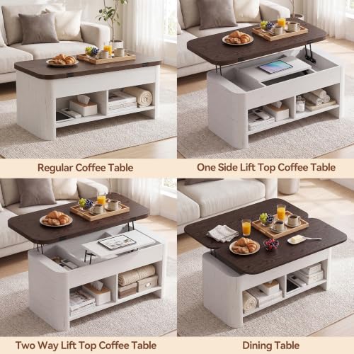 37.5" Lift Top Coffee Table with Storage, Farmhouse Coffee Table with Hidden Compartment & Open Shelf, Lifting Tabletop, for Living Room, Home Office - color: White-brown