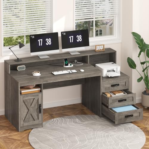 65" Farmhouse Computer Desk with Drawers and Printer Stand for Home Office | Office Desk with Power Outlets and Storage Cabinet, Study Writing Desks with Long Monitor Stand, Grey - color: Grey