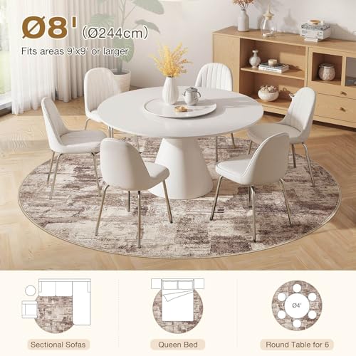 kakania Abstract 8x8 Round Rugs for Living Room: Circle Rugs 8FT Brown | Washable, Soft, Non-Slip, Low-Pile, Pet & Kid Friendly - Large Modern Home Decor Carpet for Bedroom/Dining Room/Nursery - color: Brown, size: 8' (Round)