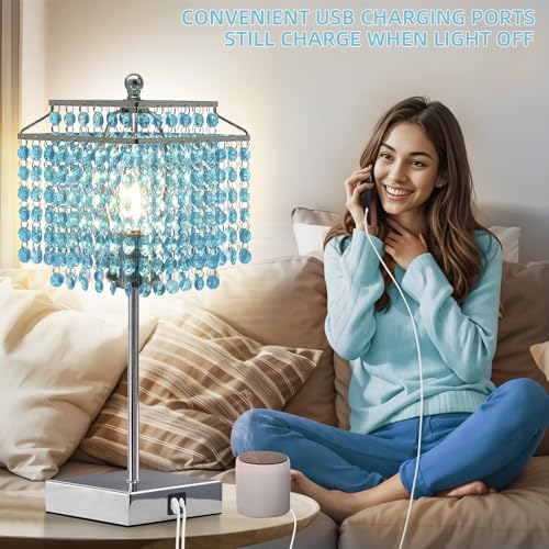 Luvkczc Crystal Table Lamp with Touch Control, Bedside Crystal Table Lamp with USB C+A Ports, Dimmable Lamp for Girls Bedroom, Living Room, Light Blue & B11 LED Bulb Included - color: Light Blue