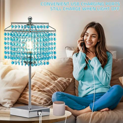 Luvkczc Crystal Table Lamp with Touch Control, Bedside Crystal Table Lamp with USB C+A Ports, Dimmable Lamp for Girls Bedroom, Living Room, Light Blue & B11 LED Bulb Included - color: Light Blue