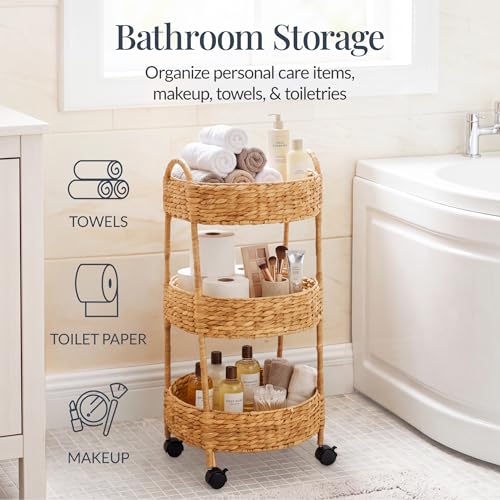Best Choice Products 3-Tier Round Rolling Nursery Caddy w/Wheels, Handwoven Utility Cart, Storage Organization for Bathroom, Craft Room, Laundry Room - Natural - color: Natural