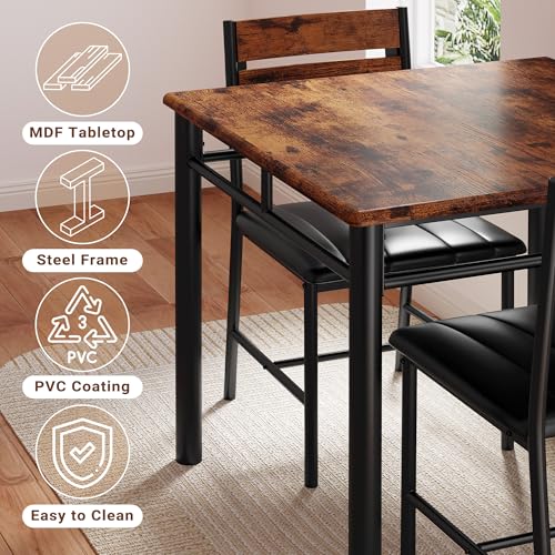 IRONCK Dining Table Set for 2, Rustic Brown | Small Kitchen Table with Upholstered Chairs, Compact Dining Set for Small Spaces, Kitchen & Dining Room - color: Rustic Brown