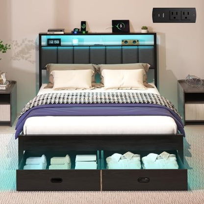 Full Bed Frames with Storage Drawer, Platform Bed with Charging Station and LED Lights, Upholstered Headboard with 2-Tier Storage Shelves, No Box Spring Needed - size: Full, style: Modern