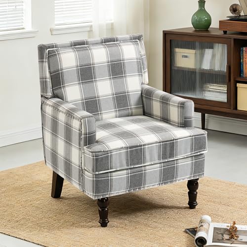 Accent Chair, Plaid Gingham Comfy Cozy Modern Accent Chairs | Mid-Century Upholstered Lounge Arm Chair with Solid Wood Frame for Living Room/Bedroom-Gray Plaid - color: Sackcloth-gray Plaid(s001)