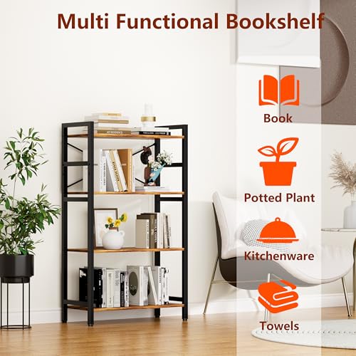 4 Tier Bookshelf,Storage Shelf with Steel Frame,Free Standing Open Book Shelves Storage Display Shelf - size: 4 Tier