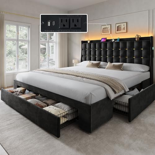 YITAHOME King Size Bed Frame with 3 Storage Drawers and LED Lights, Black | Velvet Upholstered Platform Bed with Charging Station and Storage Headboard, No Box Spring Needed, Easy Assembly, Noise-Free - color: Black, size: King