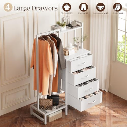 Yoobure White Dresser with Hanging Rack - Small Dresser for Bedroom with 4 Drawers, 44'H Chest of Drawers, Reversible Kids Dressers with Storage Shelf, Closet Dressers, Dorm Essentials, Sturdy Frame - color: White