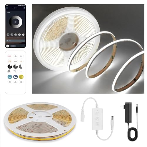 Pandery COB LED Strip Lights Cool White,24V Dimmable led Light Strip KIT with Remote and app Control,6000K 9.84FT/3m 8mmwide Ra>90 Cuttable Flexible Strip Lights for Bedroom,Wardrobe,Cabinet - color: 6000K Cool White, size: 9.84FT
