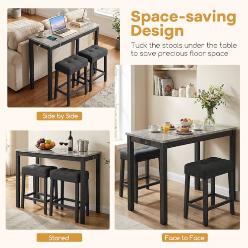 COSTWAY 3-Piece Wooden Bar Table Set with Charging Station | Modern Counter Height Table, Faux Marble Top, 2 Padded Stools, Console Table Set for Living Room, Kitchen, Dining Room, Gray - color: Grey