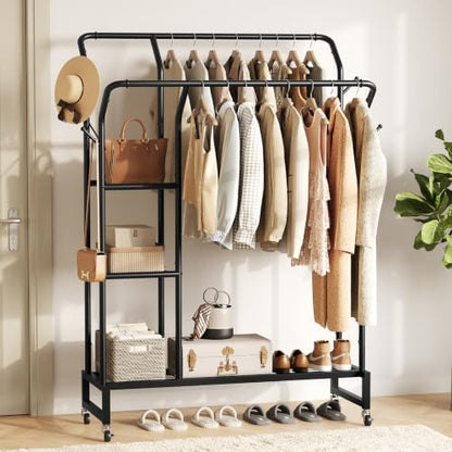 Yoobure Double Rods Clothes Rack - Portable Clothing Rack with Wheels, Rolling Garment Rack with 3-Tier Shelves & 4 Hooks, Freestanding Clothing Racks for Hanging clothes, Coat Rack for Closet Bedroom - color: Black