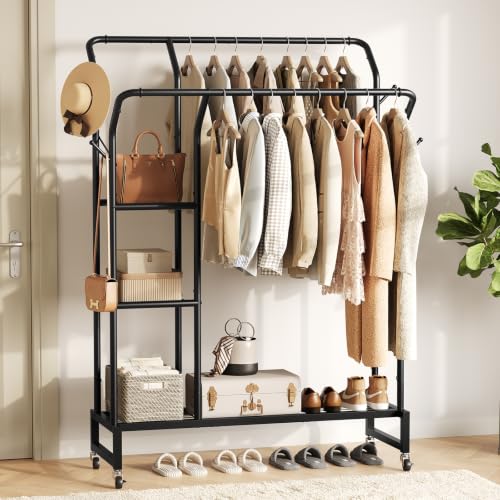 Yoobure Double Rods Clothes Rack - Portable Clothing Rack with Wheels, Rolling Garment Rack with 3-Tier Shelves & 4 Hooks, Freestanding Clothing Racks for Hanging clothes, Coat Rack for Closet Bedroom - color: Black