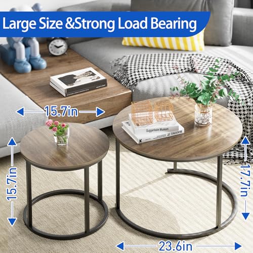 aboxoo Coffee Table Nesting Side Round Table Set of 2 End Table with Sturdy Metal Frame for Living Room Bedroom Apartment Modern Industrial Simple Nightstand,Oak - color: Oak